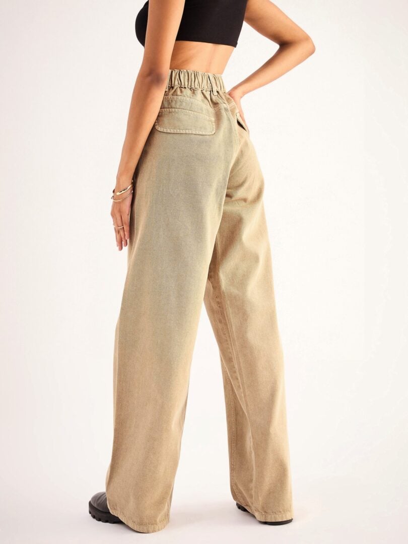 Women Beige Seam Detail Wide Leg Jeans