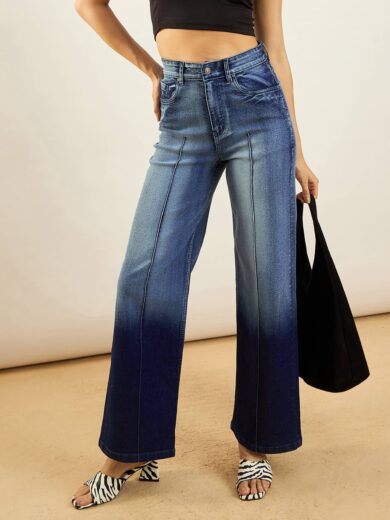 Women Blue Ombre Front Seam Straight Fit Jeans