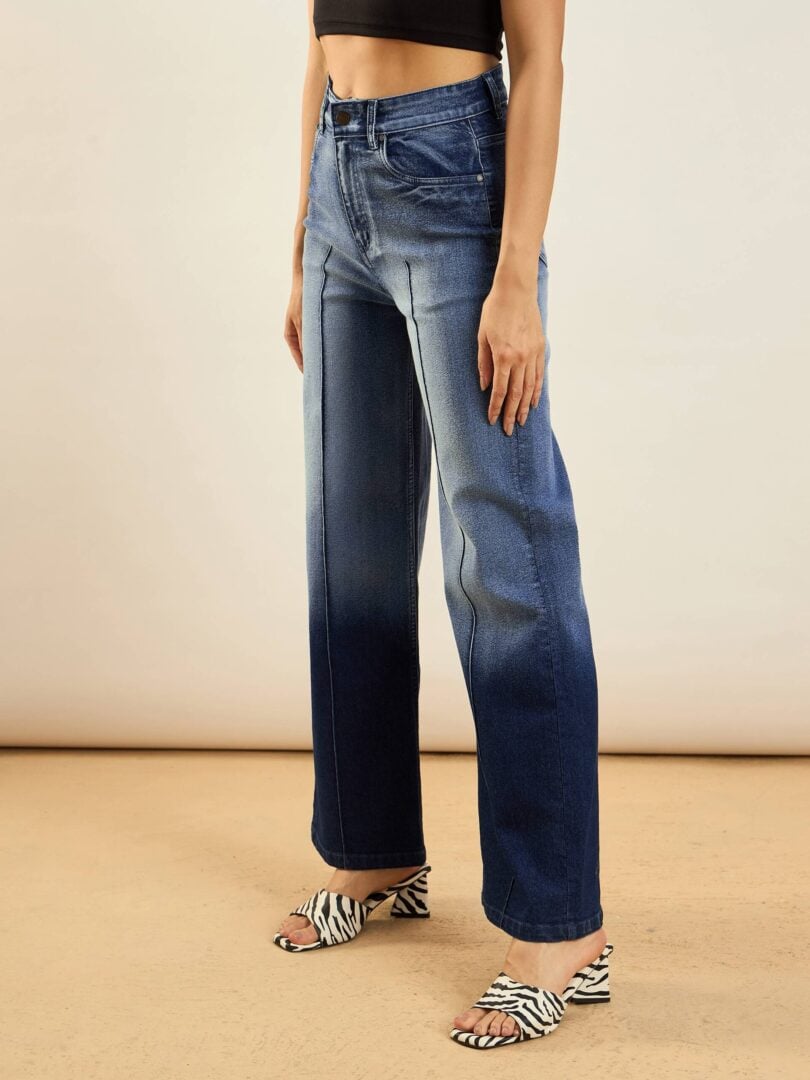 Women Blue Ombre Front Seam Straight Fit Jeans