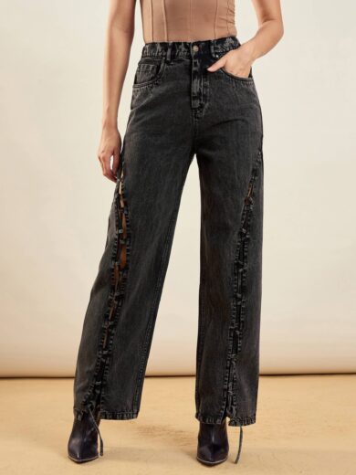 Women Black Washed Dori Insert Detail Straight Fit Jeans