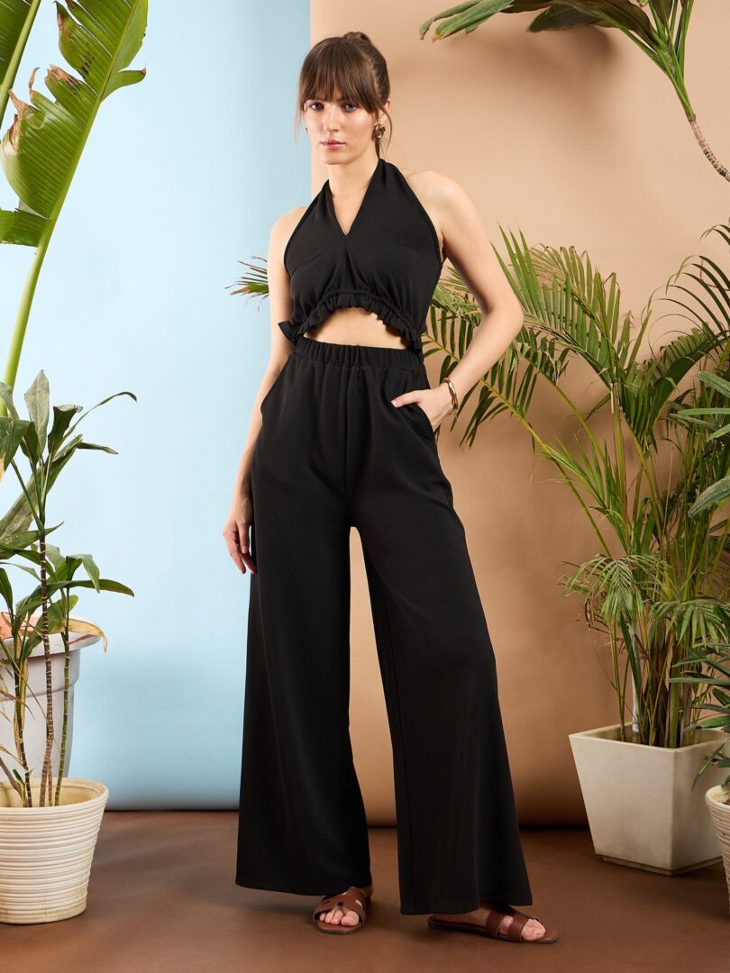 Women Black Knitted Halter Neck Jumpsuit