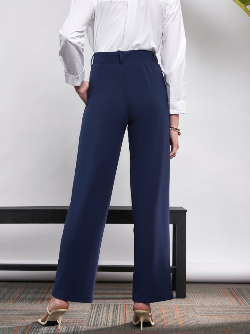 Women Navy Front Darted Knitted Straight Pants