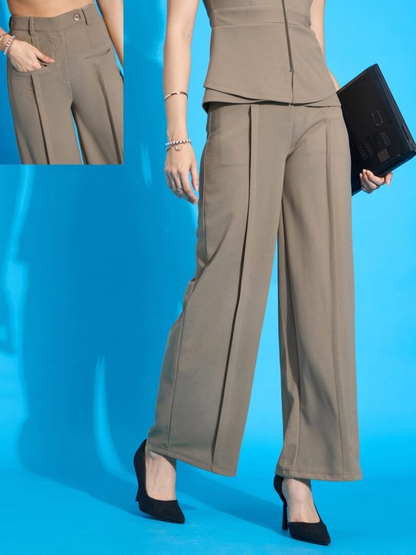 Women Beige Front Pleated Straight Fit Trousers