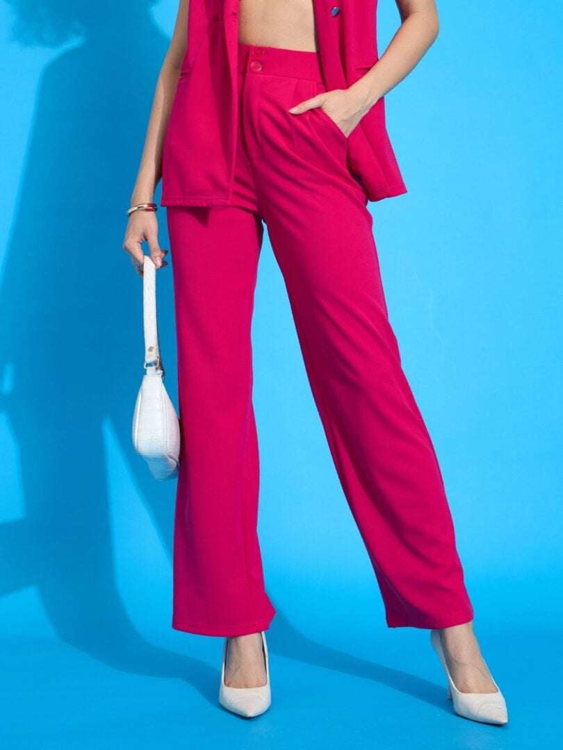 Women Fuchsia Pleated Straight Pants