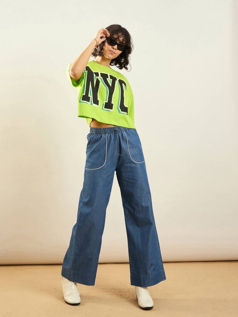 Women Blue Tencel Contrast Piping Detail Pants