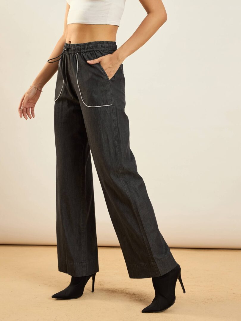 Women Black Tencel Contrast Piping Detail Pants