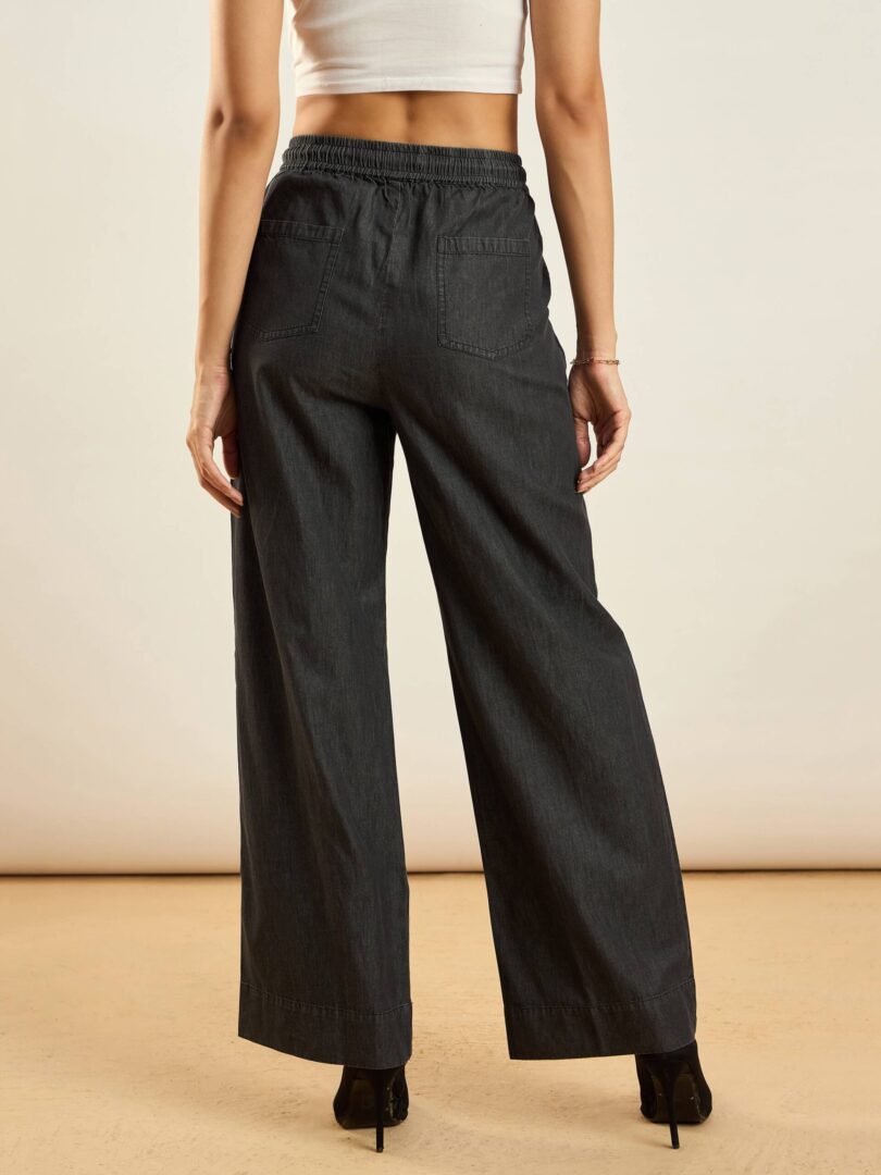 Women Black Tencel Contrast Piping Detail Pants