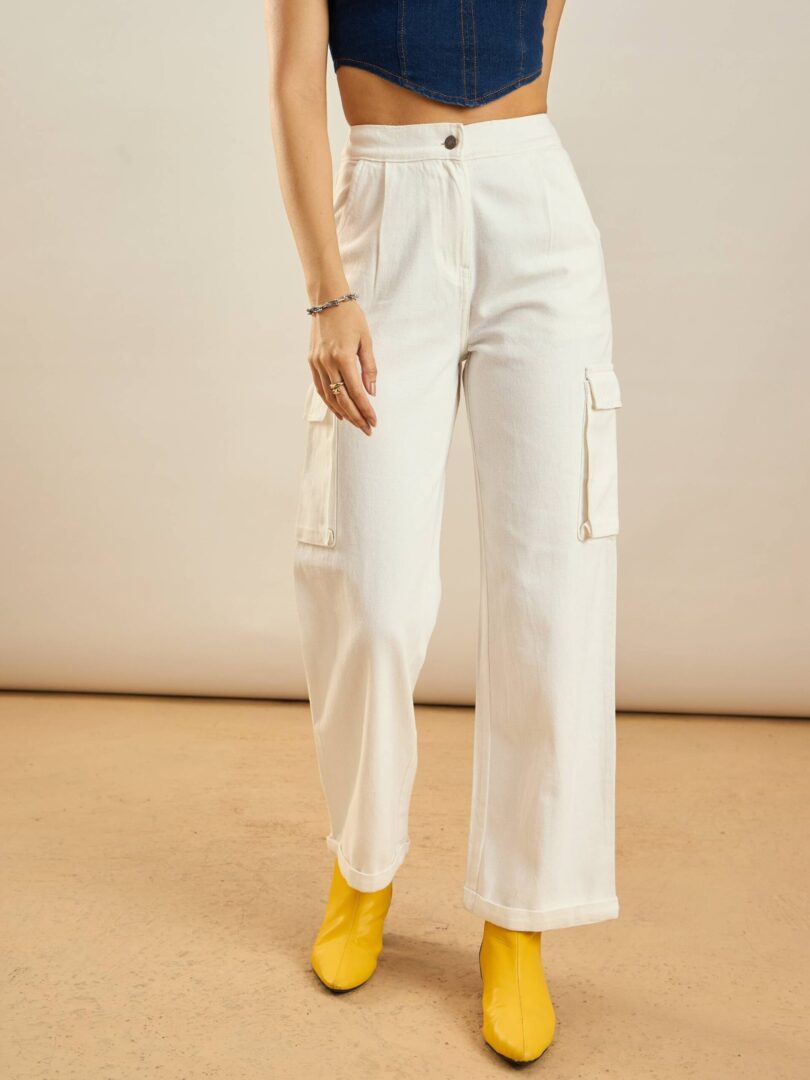 Women White Box Pockets Straight Pants