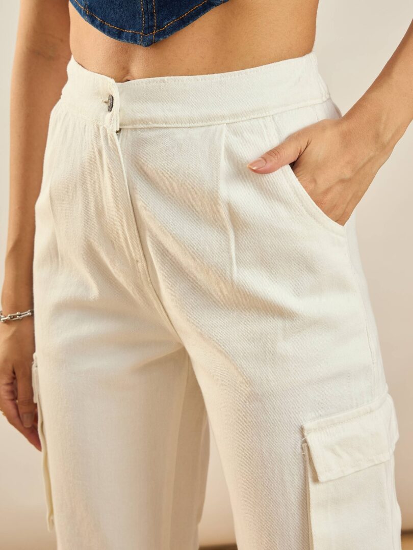 Women White Box Pockets Straight Pants