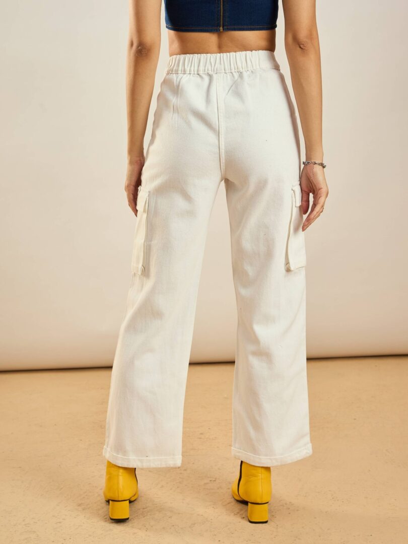 Women White Box Pockets Straight Pants