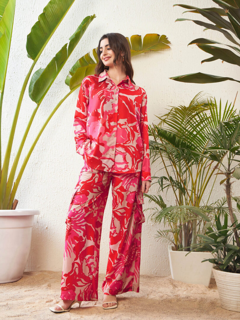 Women Red Floral Oversize Shirt With Box Pocket Pants