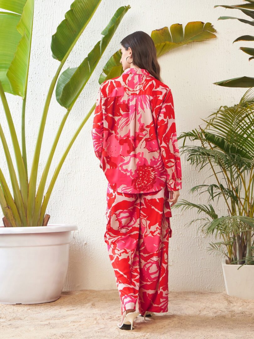 Women Red Floral Oversize Shirt With Box Pocket Pants