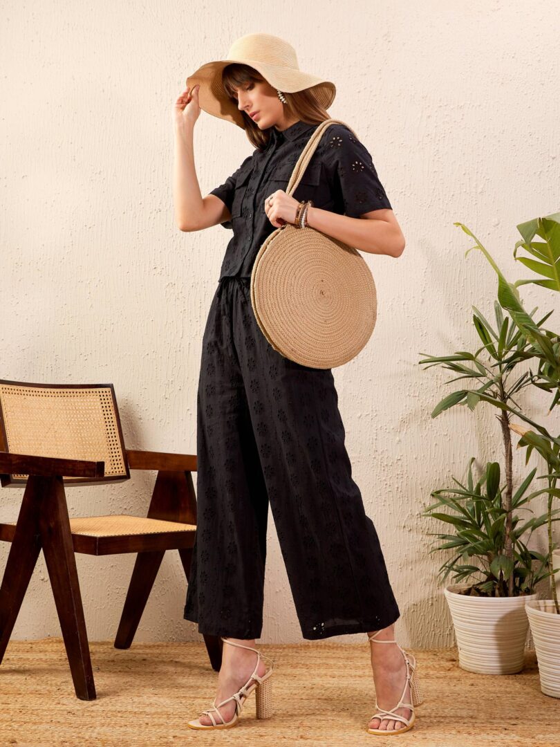 Women Black Schiffli Crop Shirt With Wide Leg Pants