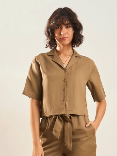 Women Khaki Tencel Notch Collar Crop Shirt