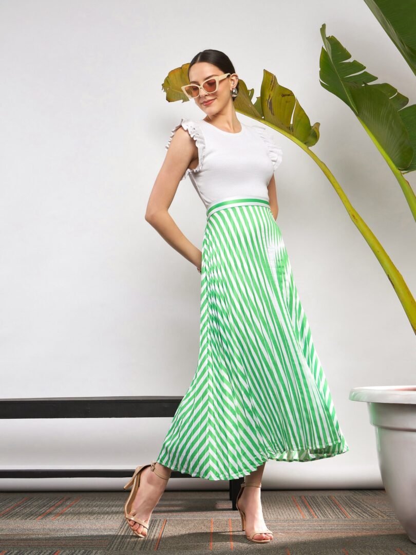 Women Green & White Satin Striped Accordion Pleated Maxi Skirt