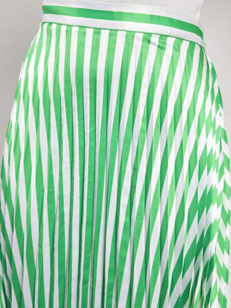 Women Green & White Satin Striped Accordion Pleated Maxi Skirt