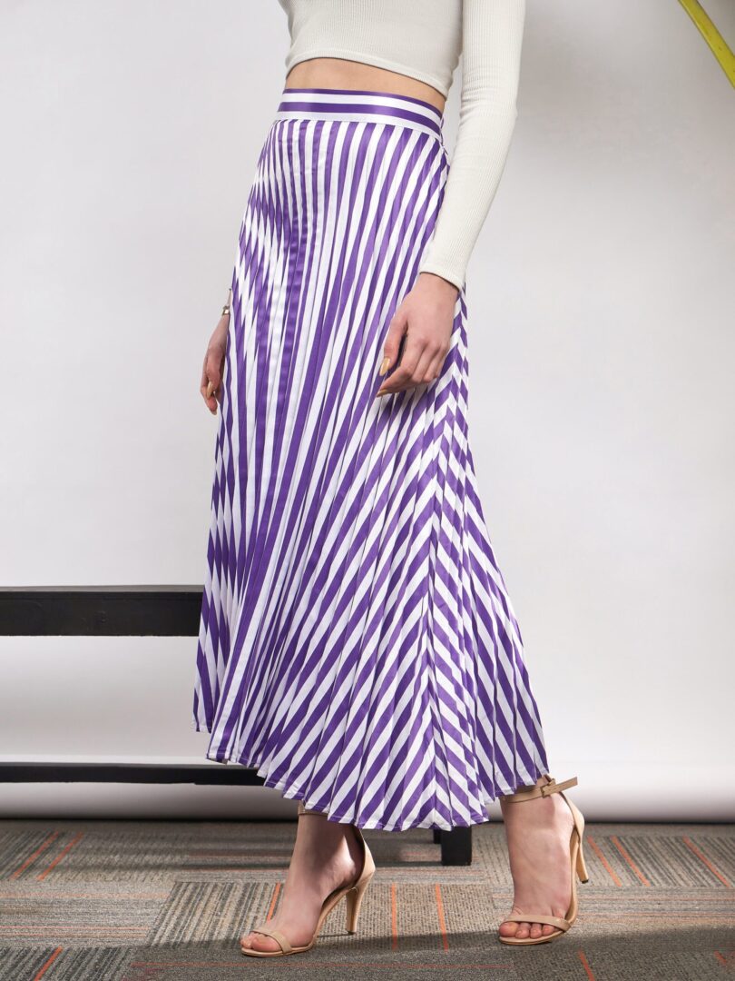 Women Purple & White Satin Striped Accordion Pleated Maxi Skirt