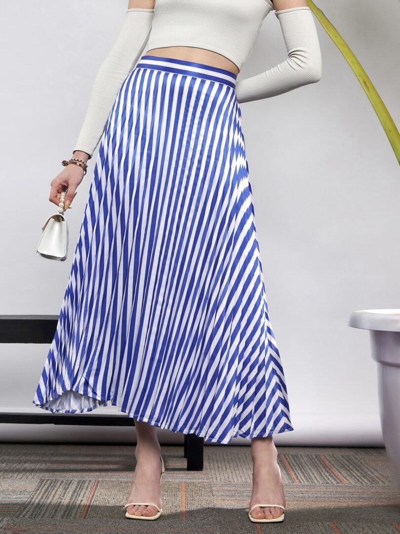 Women Blue & White Satin Striped Accordion Pleated Maxi Skirt
