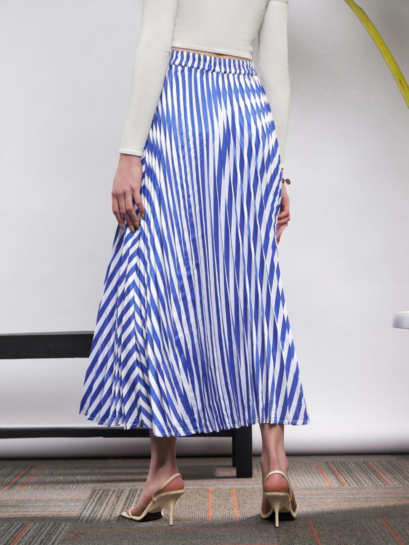 Women Blue & White Satin Striped Accordion Pleated Maxi Skirt