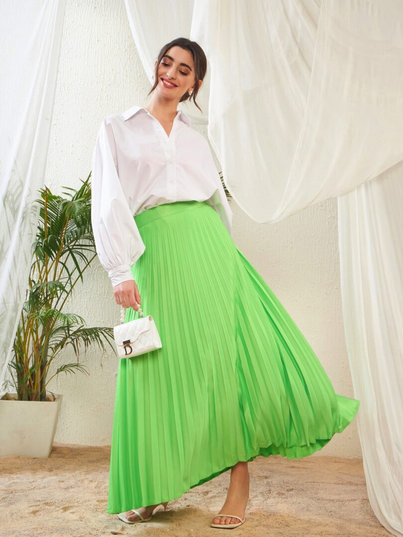 Women Green Satin Accordion Pleated Maxi Skirt