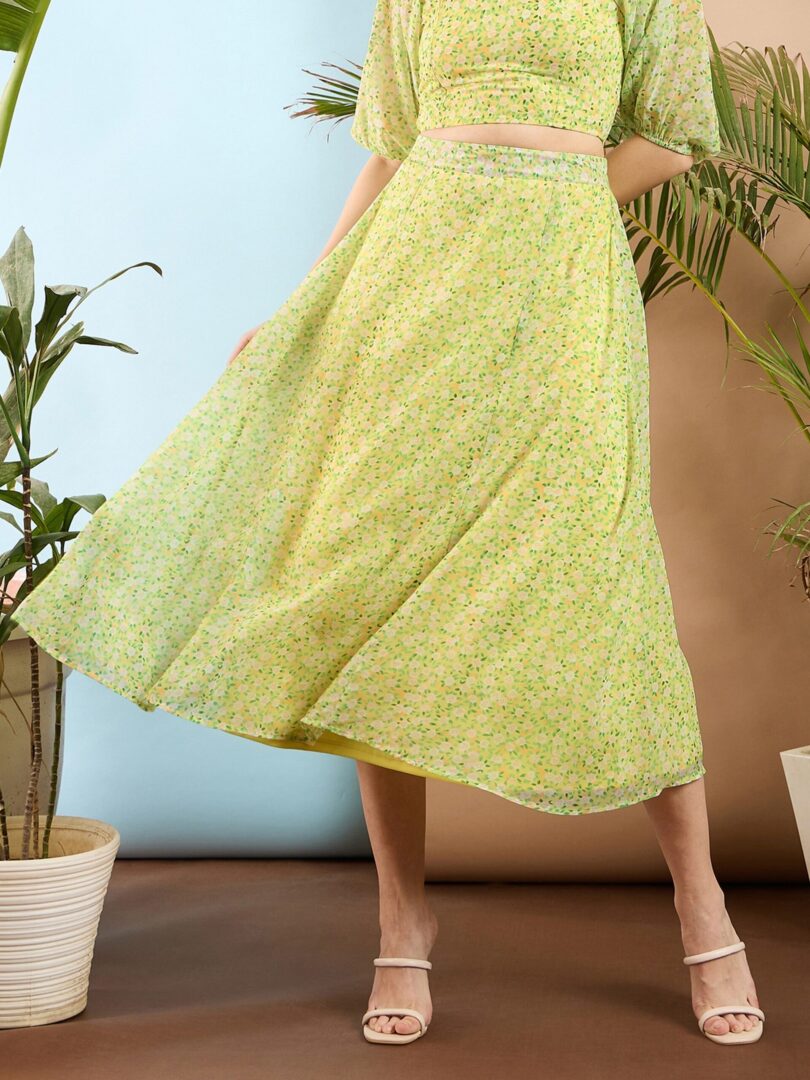 Women Lime Yellow Ditsy Floral Flared Midi Skirt