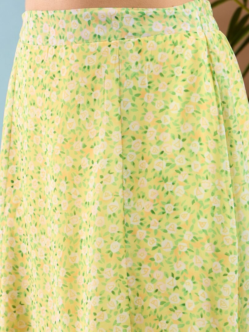 Women Lime Yellow Ditsy Floral Flared Midi Skirt