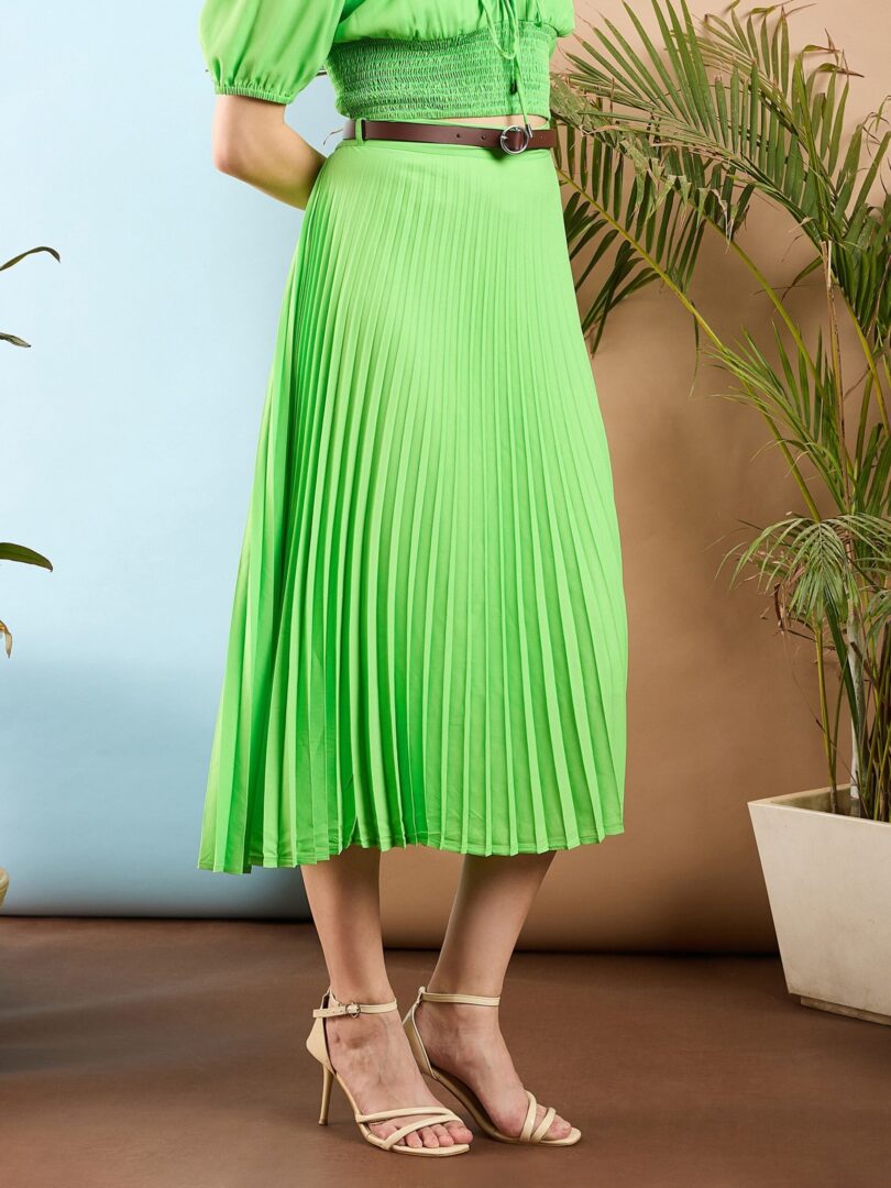 Women Green Accordion Pleated Midi Skirt