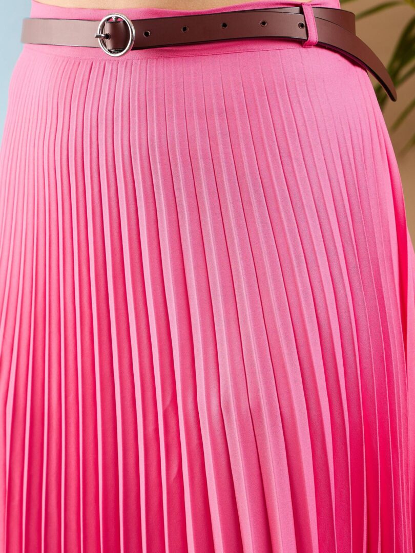 Women Pink Accordion Pleated Midi Skirt