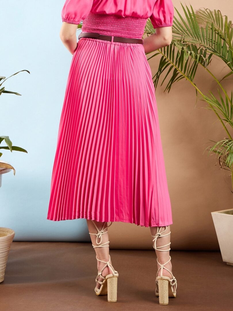 Women Pink Accordion Pleated Midi Skirt