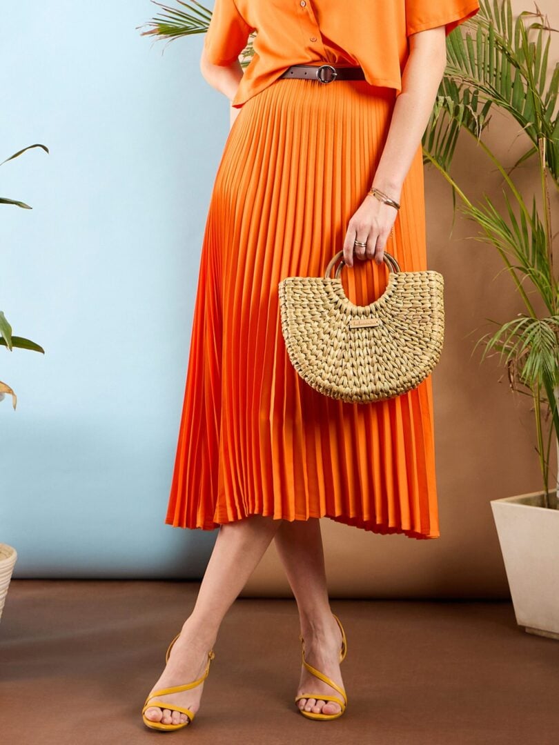 Women Orange Accordion Pleated Midi Skirt