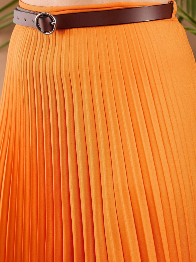 Women Orange Accordion Pleated Midi Skirt