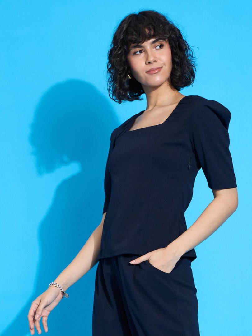 Women Navy Square Neck Puff Sleeve Top