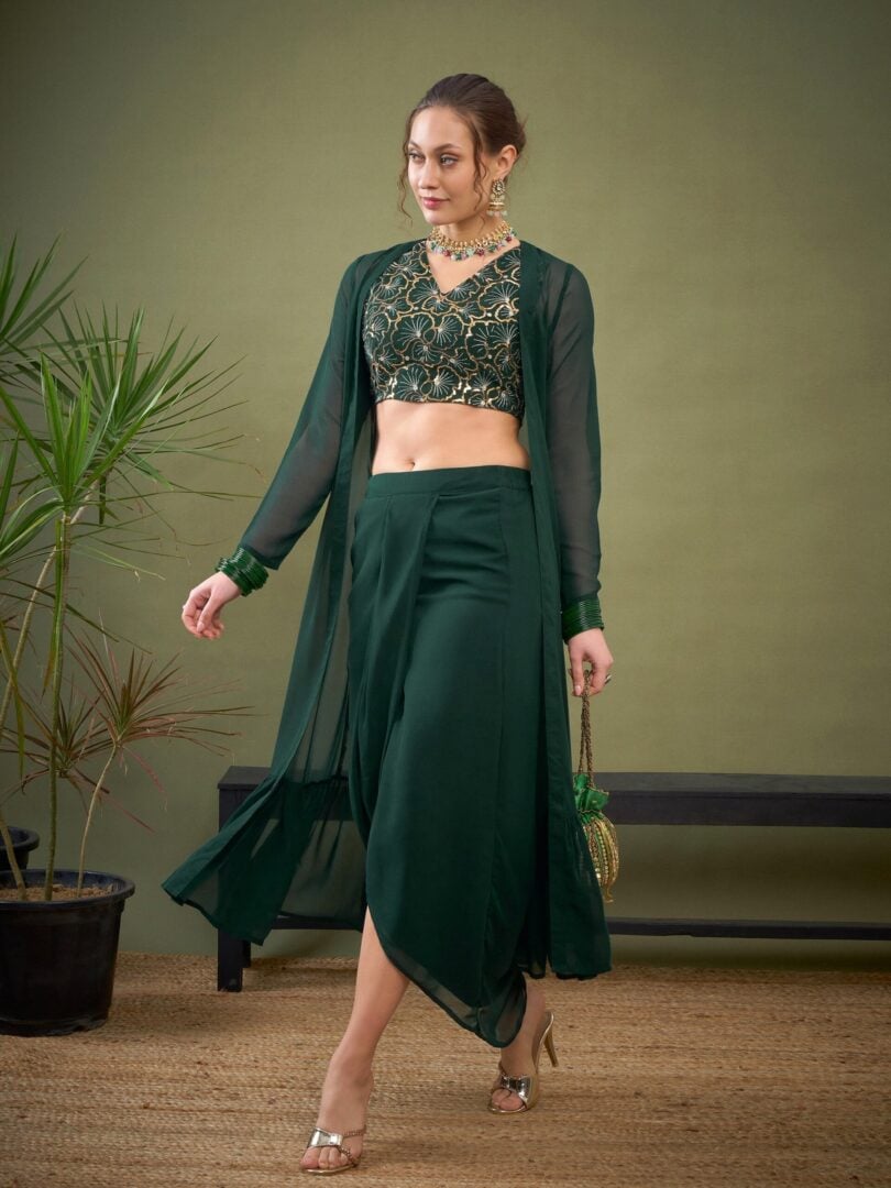 Women Emerald Green Crop Top With Dhoti Skirt & Shrug