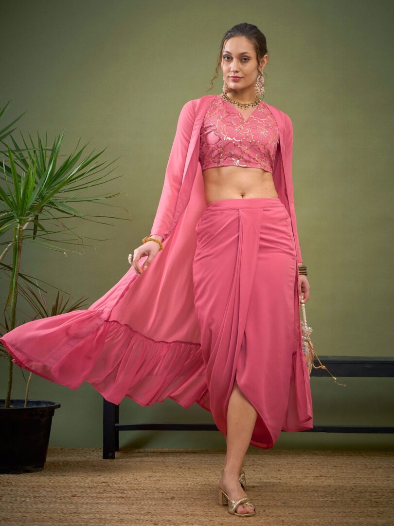 Women Pink Crop Top With Dhoti Skirt & Shrug
