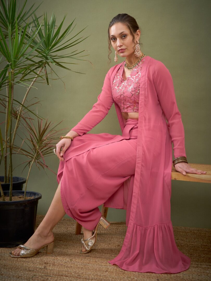 Women Pink Crop Top With Dhoti Skirt & Shrug