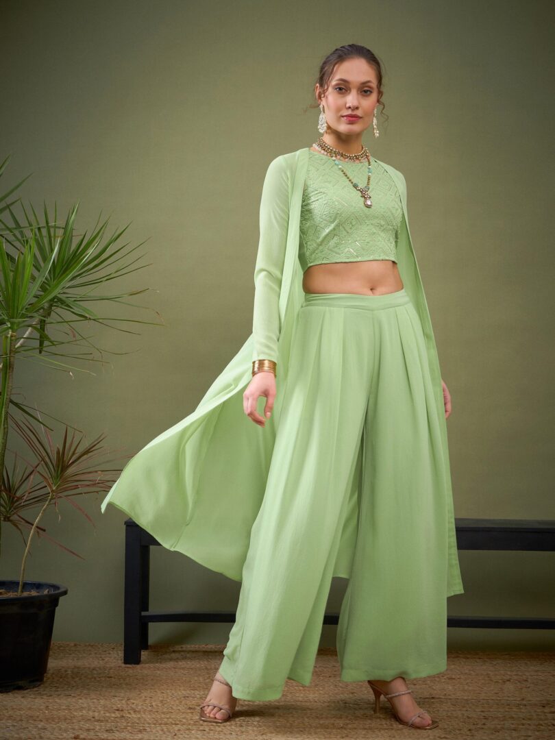 Women Mint Green Crop Top With Palazzos & Shrug