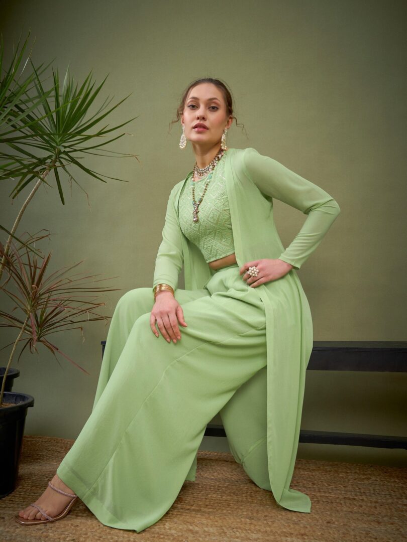 Women Mint Green Crop Top With Palazzos & Shrug