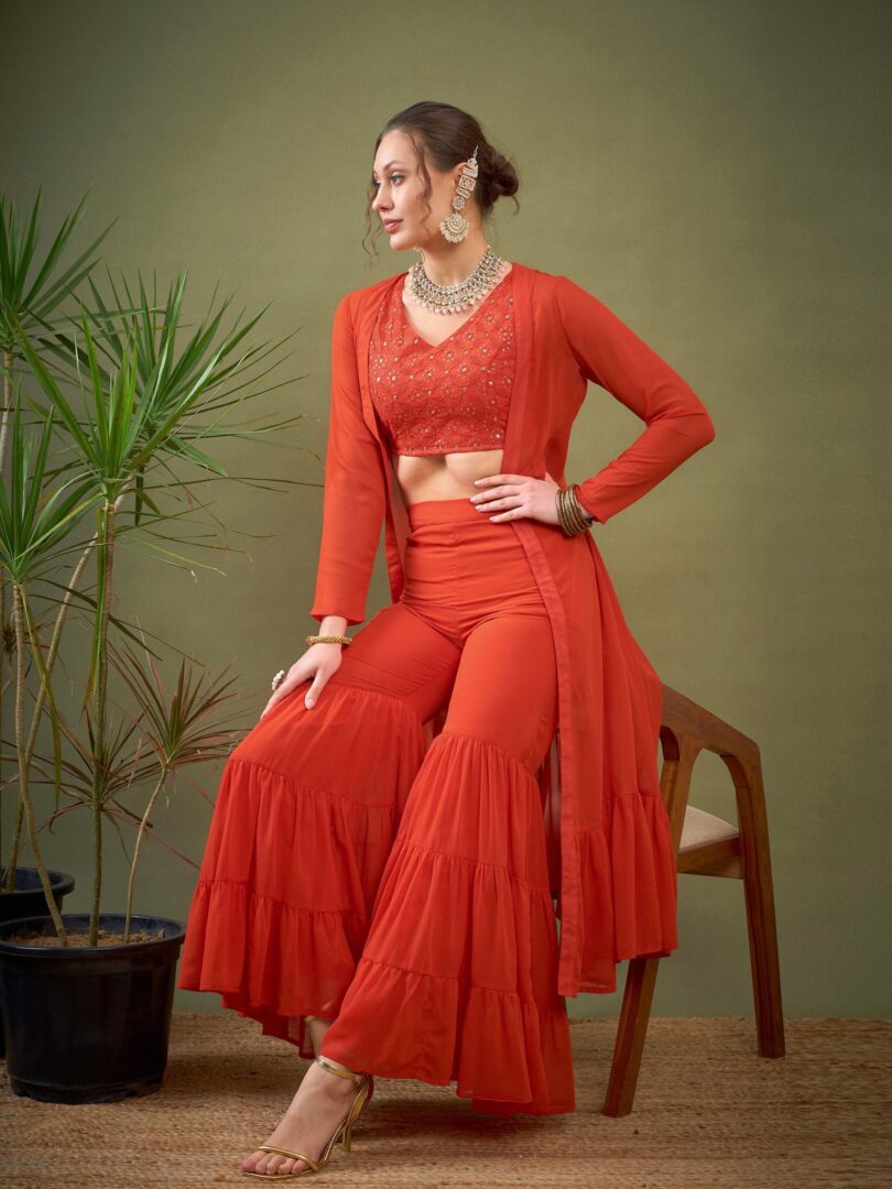 Women Red Crop Top With Tiered Sharara & Shrug