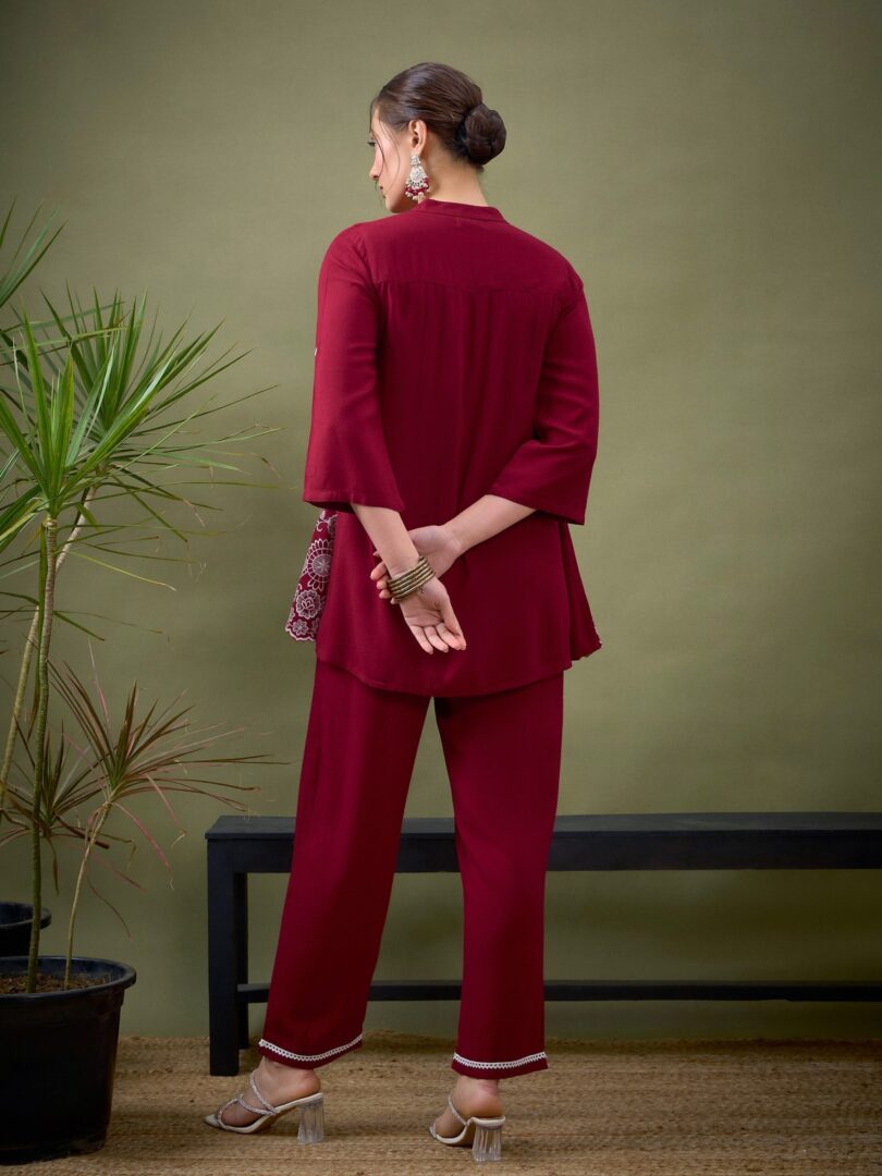 Women Maroon Hem Embroidered Shirt With Palazzos