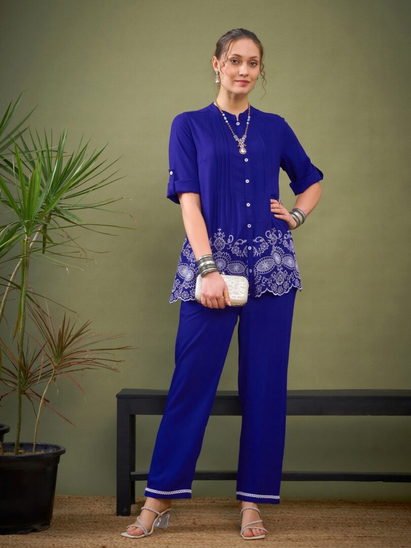Women Royal Blue Hem Embroidered Shirt With Palazzos