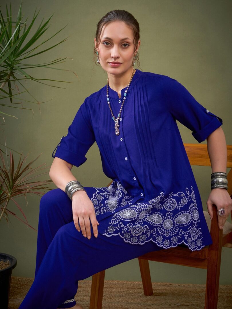 Women Royal Blue Hem Embroidered Shirt With Palazzos