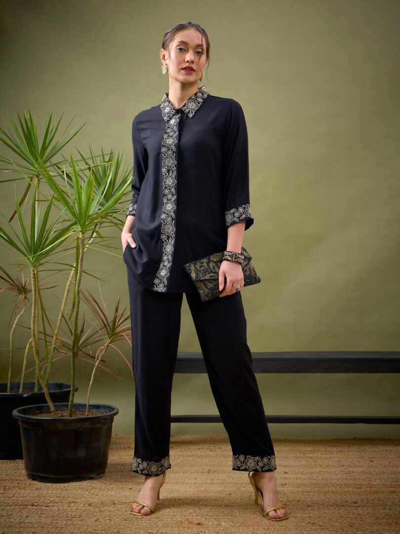 Women Black Collar And Placket Embroidered Shirt With Palazzos