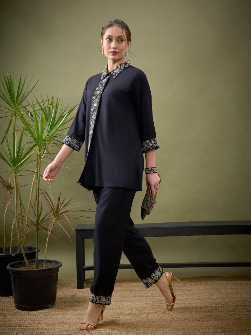 Women Black Collar And Placket Embroidered Shirt With Palazzos