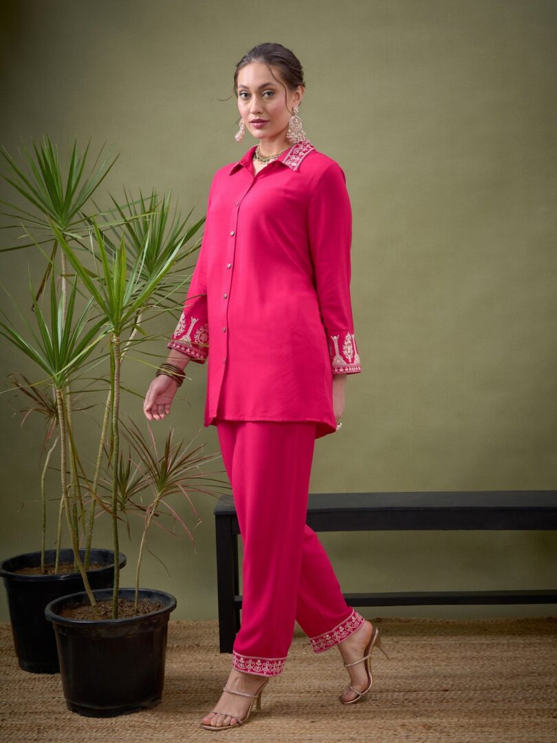 Women Fuchsia Collar And Sleeve Embroidered Shirt With Palazzos