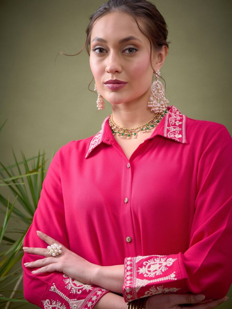 Women Fuchsia Collar And Sleeve Embroidered Shirt With Palazzos