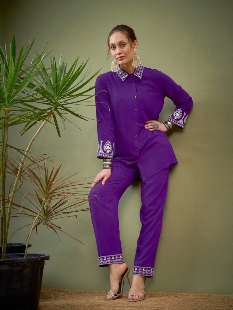 Women Purple Collar And Sleeve Embroidered Shirt With Palazzos