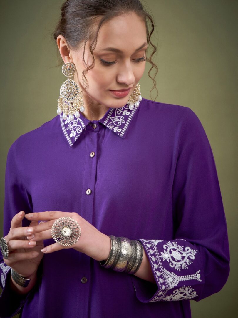 Women Purple Collar And Sleeve Embroidered Shirt With Palazzos