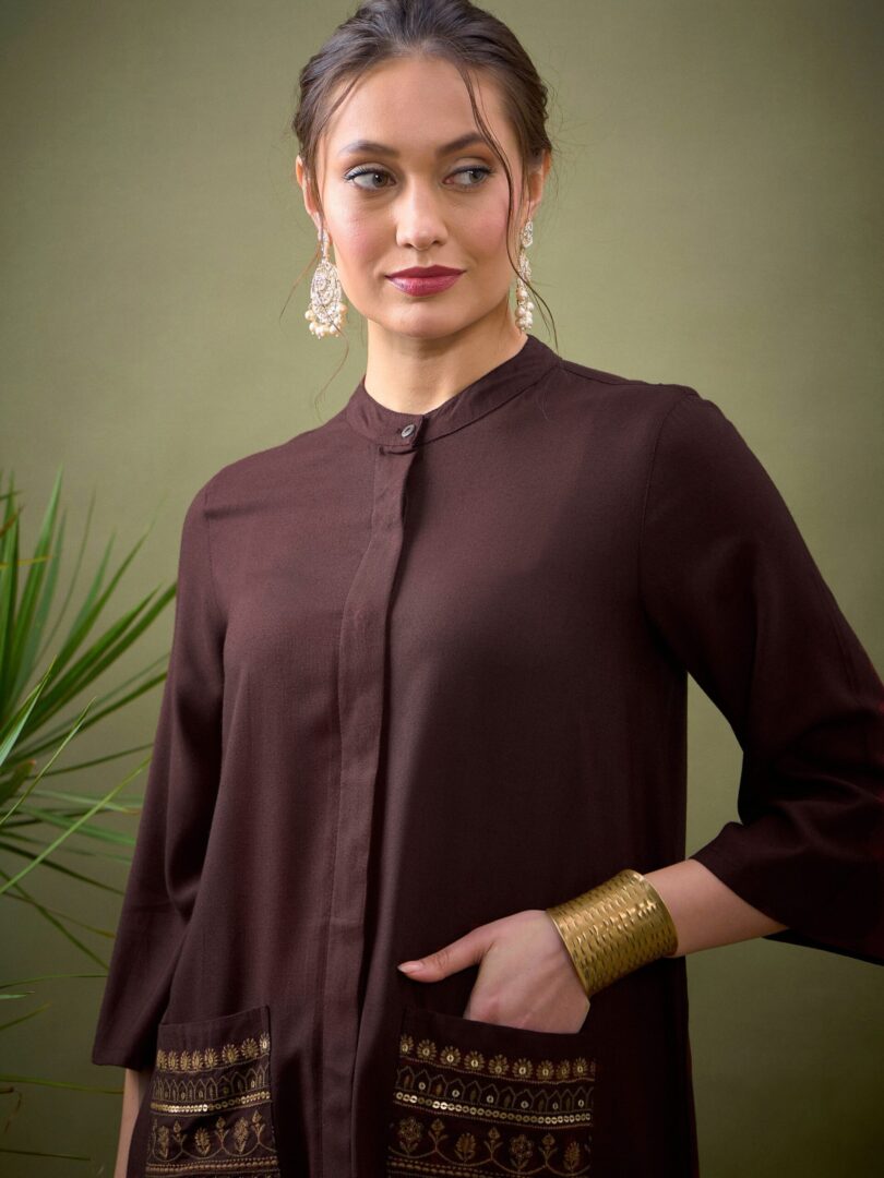 Women Brown Embroidered Pocket Shirt With Palazzos