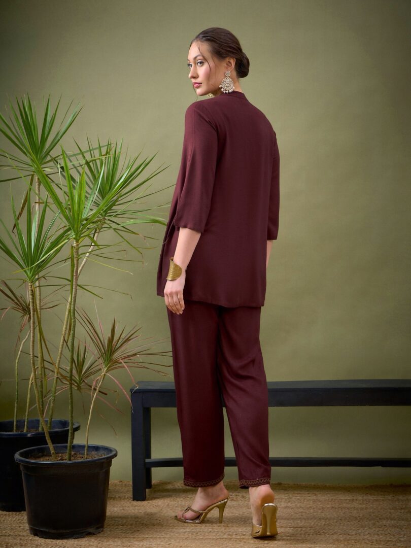 Women Brown Embroidered Pocket Shirt With Palazzos