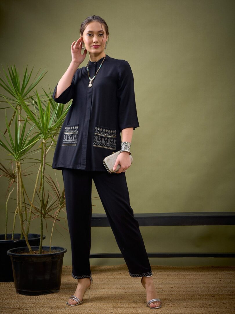 Women Black Embroidered Pocket Shirt With Palazzos